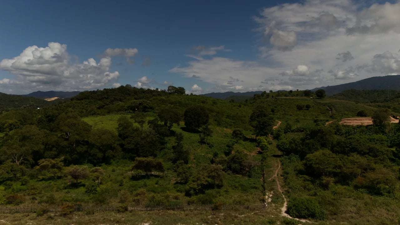 Drone view of the forested hill from inland side with mountains on the horizon, West Sumbawa