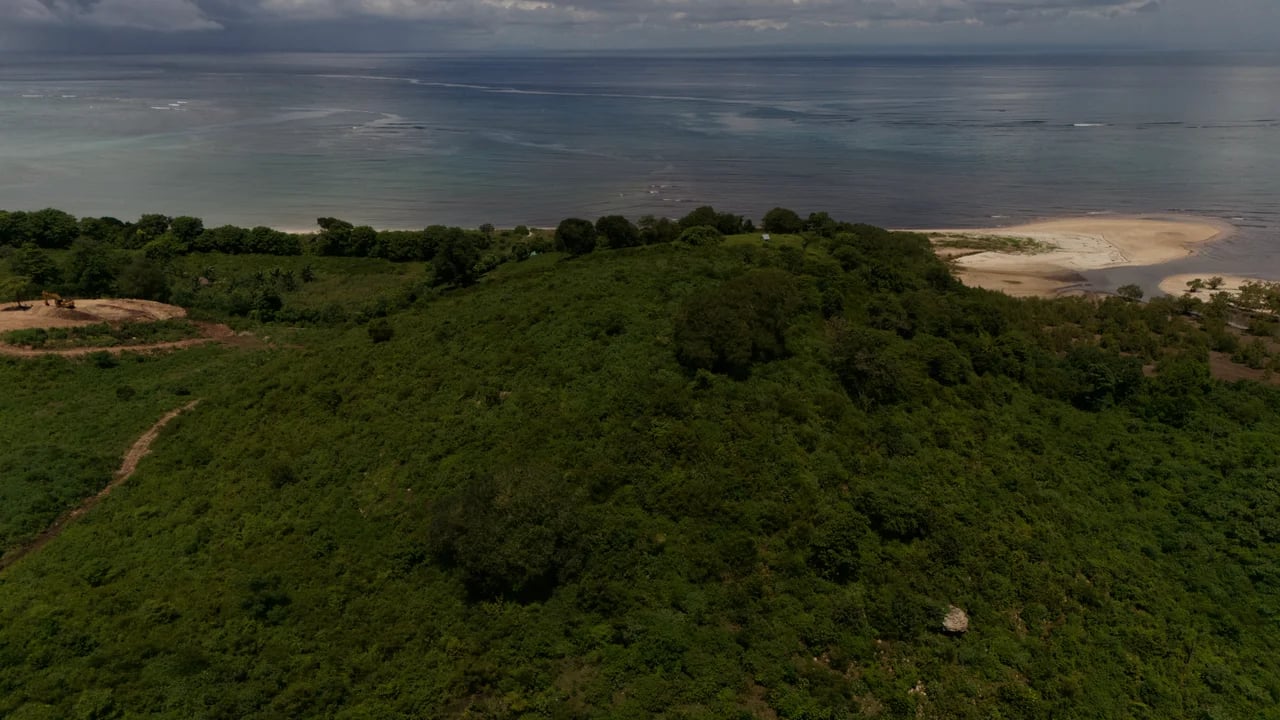 Dramatic aerial view of the wooded hilltop with beach and ocean under moody storm clouds