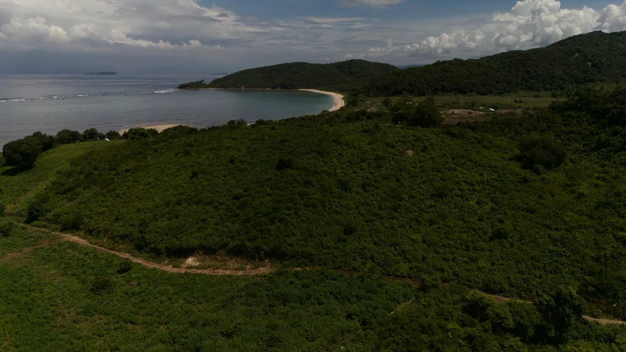 Aerial view of the hill and curving southern bay with a distant island visible on the horizon