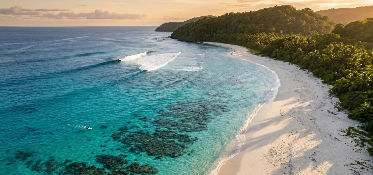Turquoise surf break and white sand beach, West Sumbawa